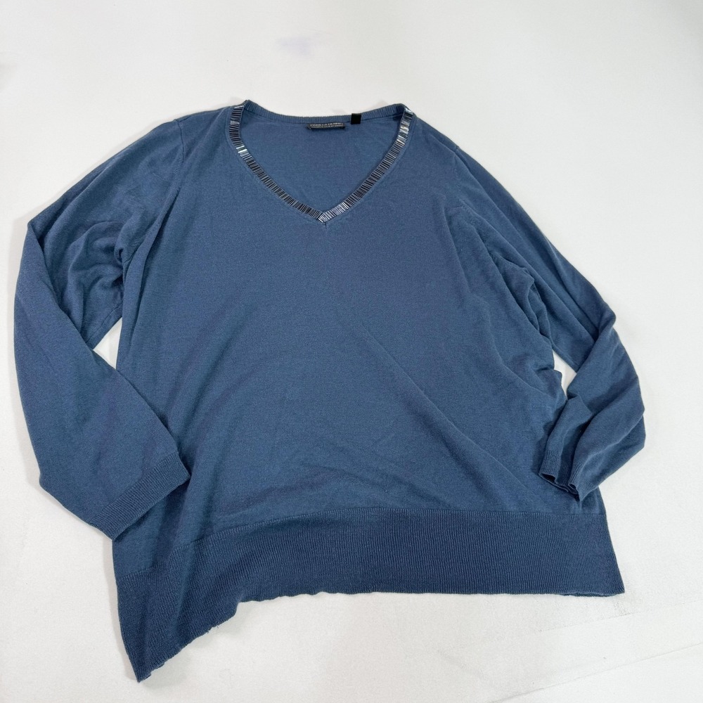 Pamela Dennis Sweater Womens 2X Blue Silk Cashmere V Neck Embellished Hem